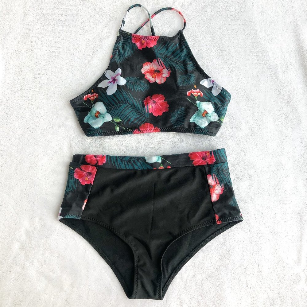 Two Piece Floral High Waisted Halter Bikini Set